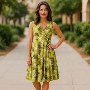 Ann Taylor Olive Lime Green Abstract Pattern V-neck Midi Dress Small 6